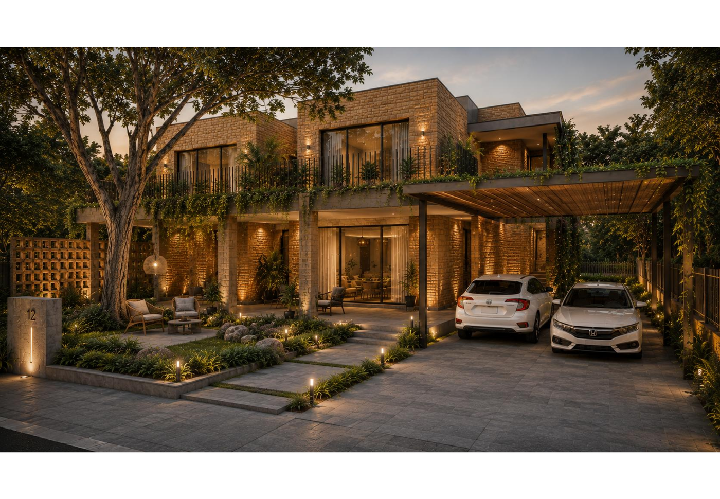 SilverOak Art Village villa exterior, dusk